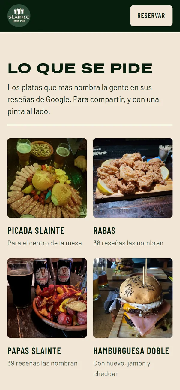 Sección Lo que se pide del sitio de Slainte en celular