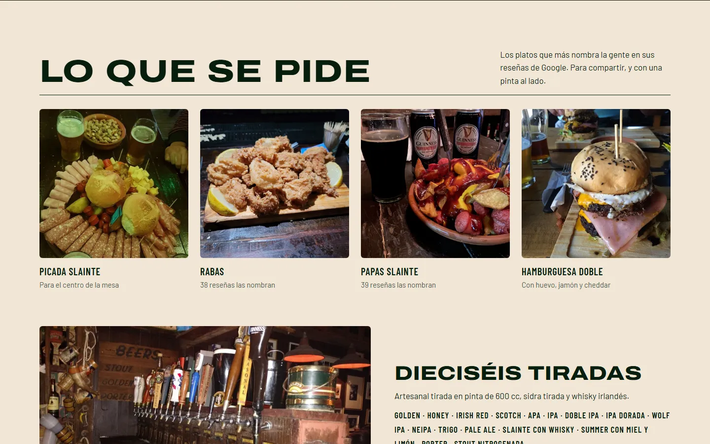 Sección Lo que se pide del sitio de Slainte, con fotos de platos